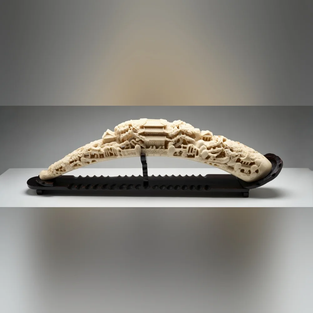 Vintage 31" Chinese Faux Ivory Carved Tusk Landscape Pagodas Mid-Century - Picture 2 of 16